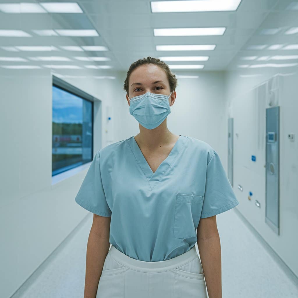 A woman wearing a level 3 medical face mask made of Mogul Motex PP Spunbond and Meltblown